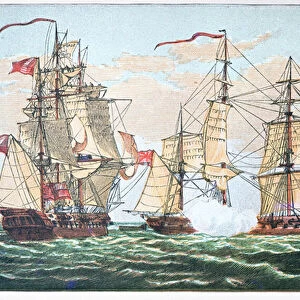 HMS Shannon vs the American Chesapeake in 1813 during the War of 1812 (colour litho)