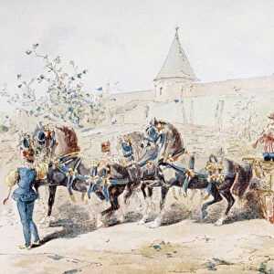 Horse Drawn Decorated Wagon carrying Professional Musicians, 16th Century, 1886