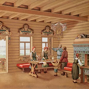 Idealised interior of a Russian izba, c. 1880 (colour engraving)