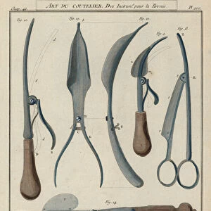 Instruments for hernia surgery (coloured engraving)