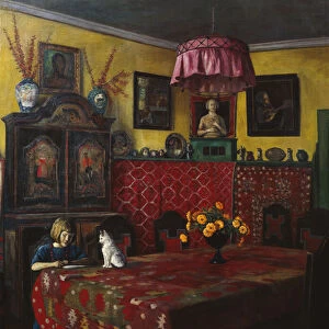 Interior with girl and cat (oil on canvas)