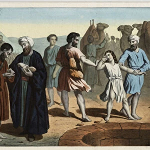 Joseph the Patriarch, sold by his ten jealous brothers who want to make him disappear. Anonymous engraving of the 19th century