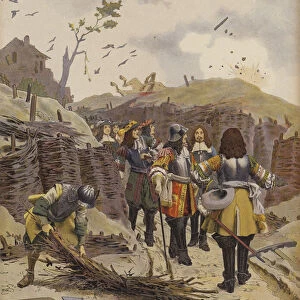 King Louis XIV visiting the trenches of Lille (colour litho)