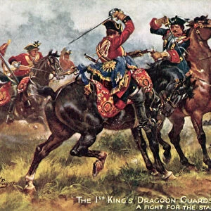 The Kings Horse, now the 1st (King s) Dragoon Guards, Battle of Dettingen, June 1743 (colour litho)