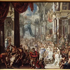 La parabole de la fete de mariage. The Parable of the Wedding Feast. Peinture de Johann Georg Platzer (1704-1761), 1737. Art autrichien, style baroque. Huile sur cuivre. Musee des Beaux Arts Pouchkine, Moscou