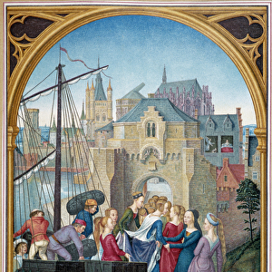 Landing of Saint Ursula in Cologne, from ap. chess of Saint Ursula by Memling, 15th
