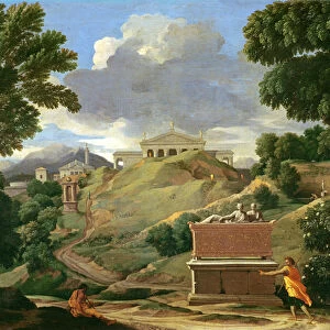 Landscape with classical ruins and Etruscan sarcophagus, c. 1634 (oil on canvas)