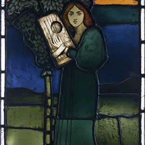 A leaded glass panel depicting a full-length female figure playing a stringed instrument