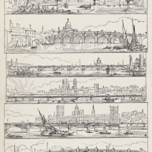 London Bridge, Southwark Bridge, Blackfriars Bridge, Waterloo Bridge, New Hungerford Bridge, Westminster Bridge, Vauxhall Bridge, Hammersmith Bridge (engraving)
