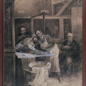 Louis Pasteur (1822-95) taking a sample of foam from a rabid dog (charcoal)