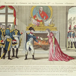 Magnanimity of Emperor Napoleon towards the Princess of Hatzfeld, 1806 (colour litho)