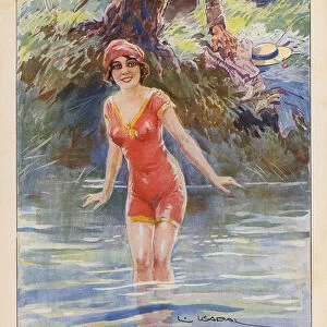 Man spying on a young woman bathing (colour litho)