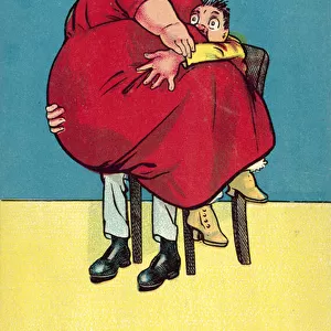 Man being squashed by extremely fat woman (colour litho)