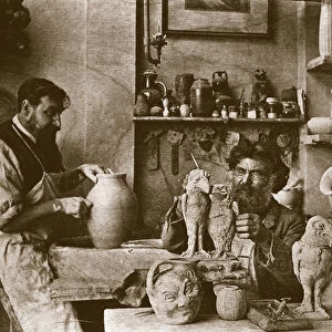 The Martin brothers in the studio at the Southall Pottery (b / w photo)