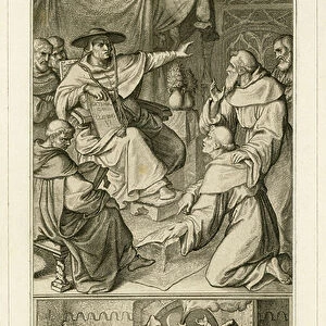 Martin Luther in discussion with cardinal Cajetan, Luther has to revoke his writings, beside him his friend Staupitz, 1850s (engraving)