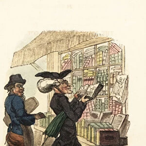 Men looking at books at a bookstall in Georgian London. 1831 (engraving)