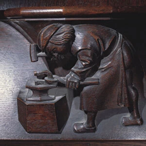 Detail of a misericorde of wooden stall: the ferrant marechal