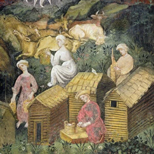 Mountain pastures. Milking the cows and cheese making (fresco)