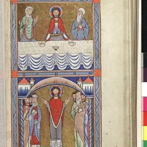 Ms Hunter 229 f. 12r Christs Breaking of Bread at Emmaus, below, His Appearance to the Disciples, from the Hunterian Psalter, c. 1170 (pen & ink and tempera on vellum)