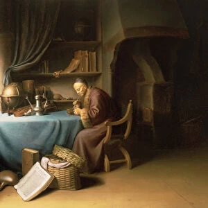 An Old Man Lighting his Pipe in a Study (oil on canvas)
