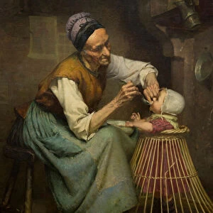 An old woman feeds her granddaughter held in a wicker baby walker, by Edouard Jerome Paupion, 1884 (painting)