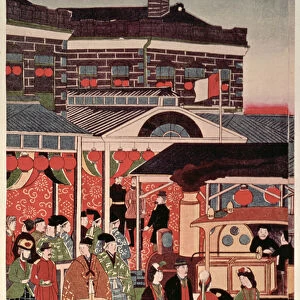 Opening of the First Railway in Japan (Shimbashi Station, Tokyo), 19th century (print)