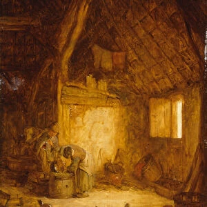 Peasants in a Barn (oil on wood)