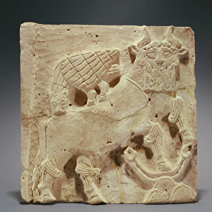 Plaque depicting a lion attacking a bull, from Iraq, c. 2000 BC (terracotta)