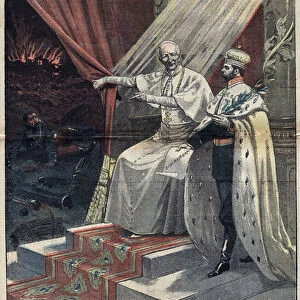 Pope Leon XIII (1810-1903) showing Russian tsar Nicholas II (1868-1918) the horrors of war. The latter then proposes disarming. Illustration in "Le Pelerin"of September 11, 1898