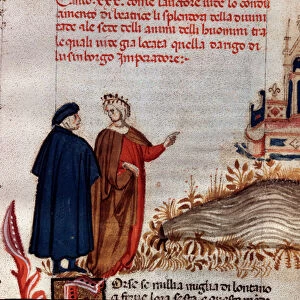 Portrait of Italian poet Dante Alighieri with Virgil looking at the throne of Henry VII