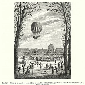 Premier voyage aerien execute dans un aerostat a gaz hydrogene, par Charles et Robert, le 1er decembre 1783, Depart des Tuileries (engraving)