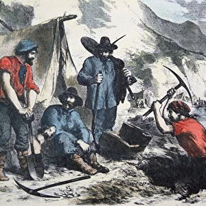 Prospectors during the Californian Gold Rush of 1849 (colour litho)