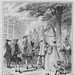 Randulph Crew introduced to Beau Villiers on the Mall (engraving)
