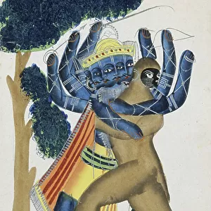 Ravana the demon king of Ceylon fighting the son of Hanuman (w/c on paper)