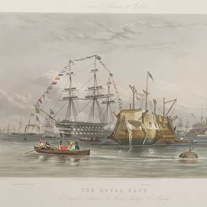 The Royal Navy. Portsmouth Harbour - the Victory saluting Her Majesty (with) HMY Fairy and Dryad, 1851 (aquatint, coloured etching)