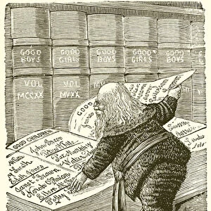 Santa Claus looking in his diary for the names of children who have been good since last Christmas (engraving)