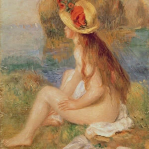Seated female bather in a straw hat