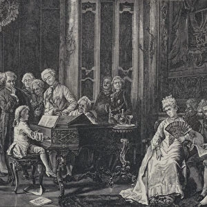 The seven year-old Wolfgang Amadeus Mozart playing before King George III in London, 1764 (engraving)
