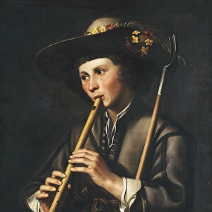 A Shepherd Playing the Pipes (oil on canvas)