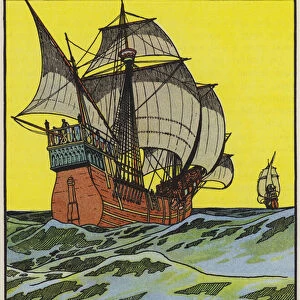 Ships of Columbus crossing the Atlantic (colour litho)