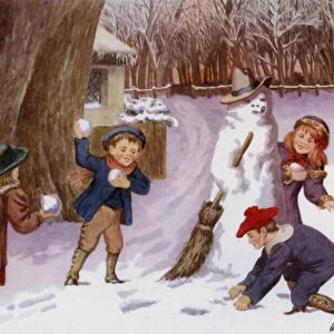 Snow man and snowballs (colour litho)