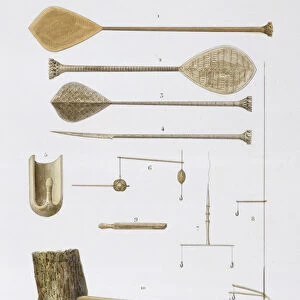 Society Islands: pangas, fishing hooks and other tools, from Voyage autour du Monde