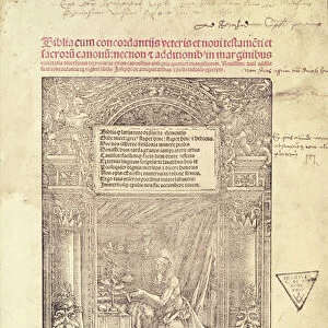 St. Jerome in his Studiolo, title page of a Bible, printed by J. Marion, Lyon, 1521