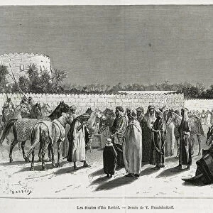 The stables of Emir Muhammad Ibn Abdullah Al Rashid (1872-1897), in Hail (Saudi Arabia), one of the suppliers of pure-blood Arab horses to the Blunt couple. Engraving by Y