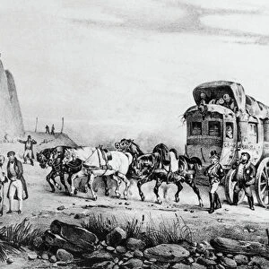 Stagecoach climbing a hill, France (engraving)