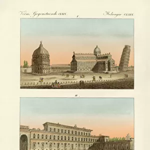 Strange buildings in Italy (coloured engraving)