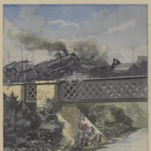 Terrible collision between two trains on a bridge over the River Arve near Etrembieres, France (colour litho)