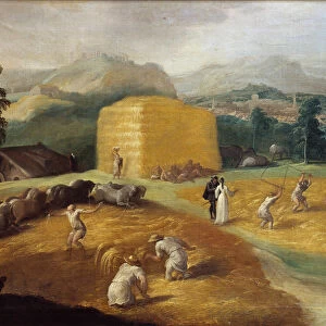 The threshing of the wheat or landscape with the beater Painting of the school of Nicolo