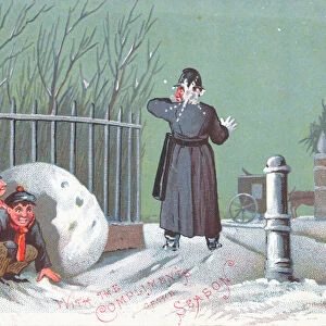 Throwing Snowballs at a Policeman, Christmas Card (chromolitho)