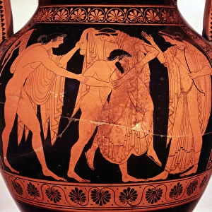 Tityos and Leto between Artemis and Apollo (red-figure pottery, 515-510 BC)